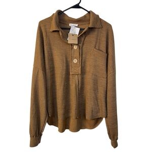 Blu Pepper Boho Granola Oversized Waffle Knit Henley Pullover Brown Medium NWT